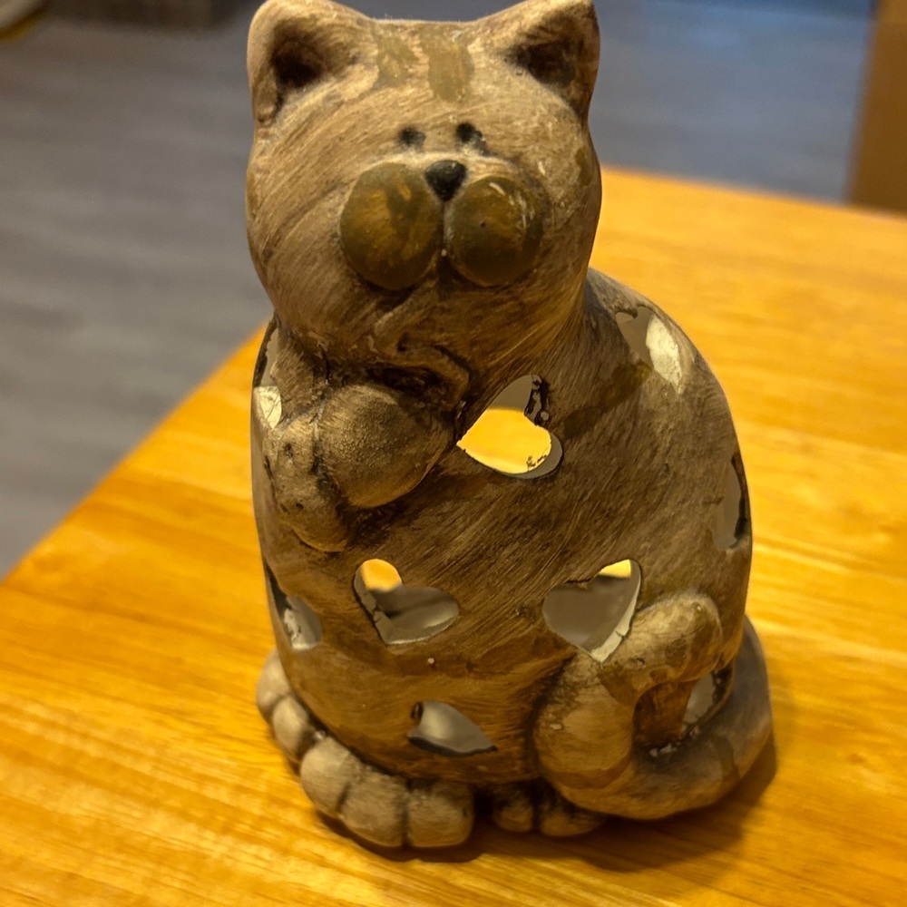 Ceramic Cat Figurine with Heart Cutouts - Rustic Gray Brown candle holder
